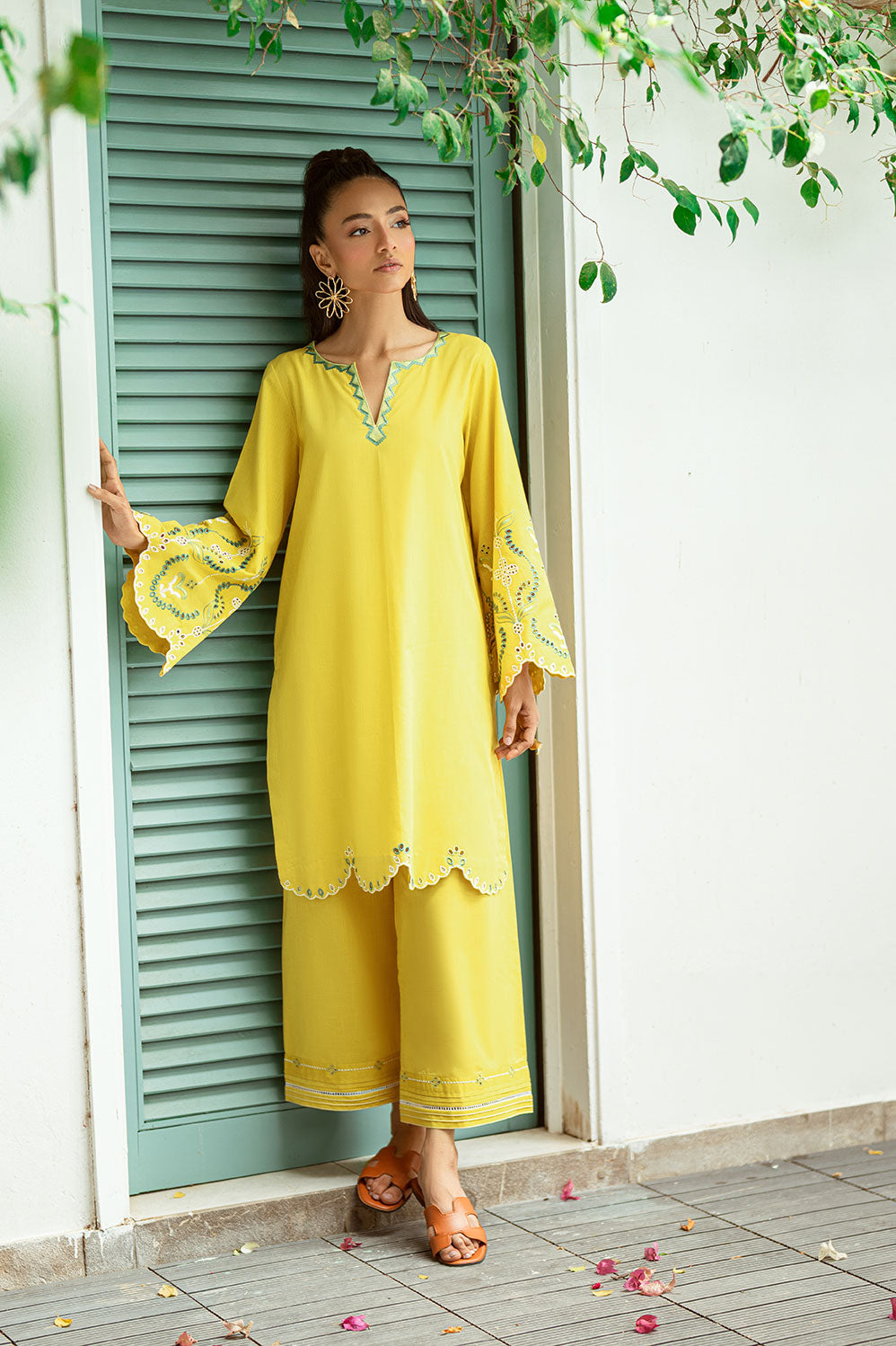 SS25DC-2571 MUSTARD 2PCS  EMBROIDERED KURTA WITH TROUSER
