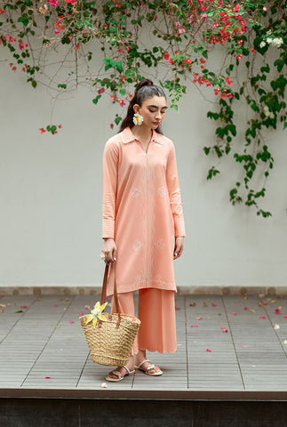 SS25DC-2573 PEACH 2PCS  EMBROIDERED KURTA WITH TROUSER