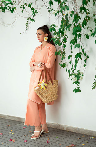 SS25DC-2573 PEACH 2PCS  EMBROIDERED KURTA WITH TROUSER