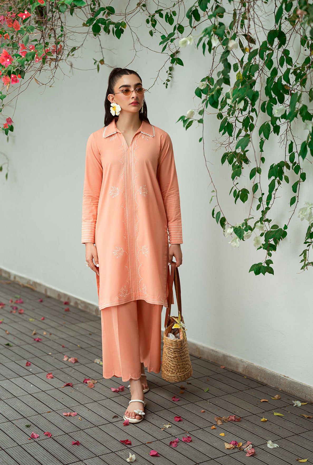 SS25DC-2573 PEACH 2PCS  EMBROIDERED KURTA WITH TROUSER