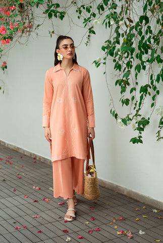 SS25DC-2573 PEACH 2PCS  EMBROIDERED KURTA WITH TROUSER