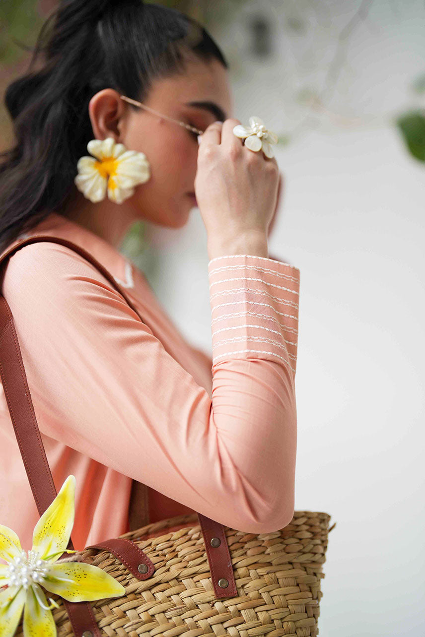 SS25DC-2573 PEACH 2PCS  EMBROIDERED KURTA WITH TROUSER