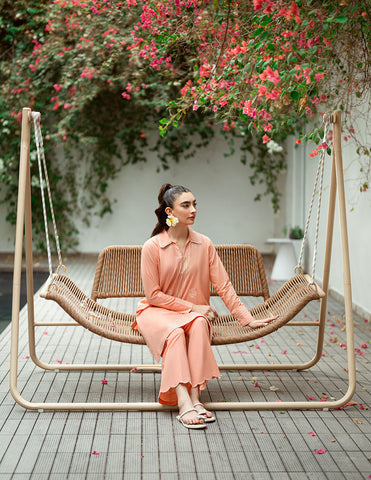 SS25DC-2573 PEACH 2PCS  EMBROIDERED KURTA WITH TROUSER