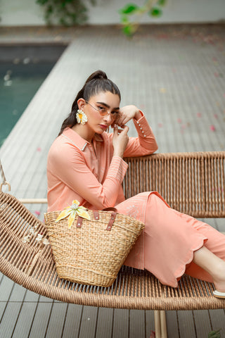 SS25DC-2573 PEACH 2PCS  EMBROIDERED KURTA WITH TROUSER