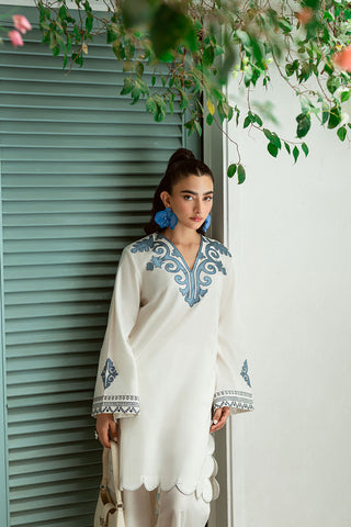 SS25DC-2574 WHITE 2PCS  EMBROIDERED KURTA WITH TROUSER