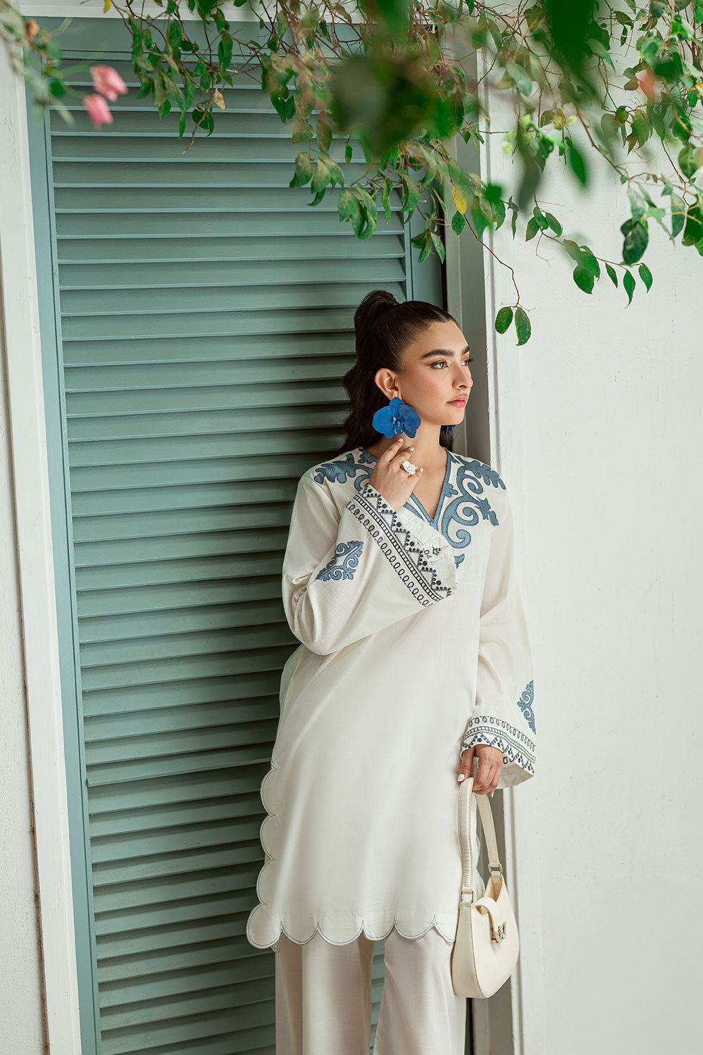 SS25DC-2574 WHITE 2PCS  EMBROIDERED KURTA WITH TROUSER