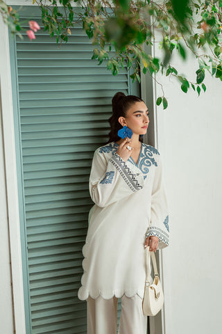 SS25DC-2574 WHITE 2PCS  EMBROIDERED KURTA WITH TROUSER