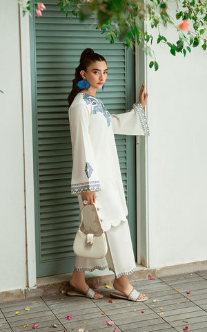 SS25DC-2574 WHITE 2PCS  EMBROIDERED KURTA WITH TROUSER