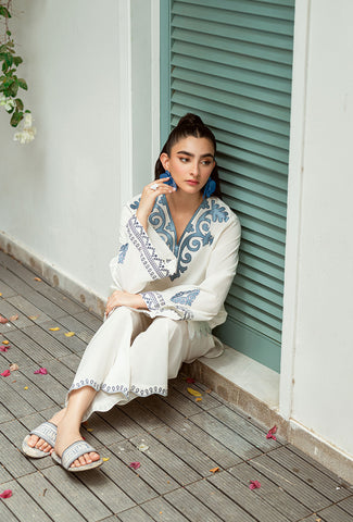 SS25DC-2574 WHITE 2PCS  EMBROIDERED KURTA WITH TROUSER