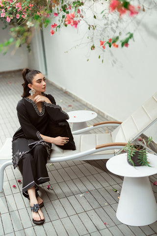 SS25DC-2575 BLACK 2PCS  EMBROIDERED KURTA WITH TROUSER