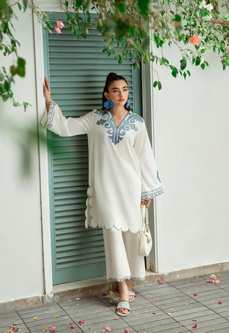 SS25DC-2574 WHITE 2PCS  EMBROIDERED KURTA WITH TROUSER