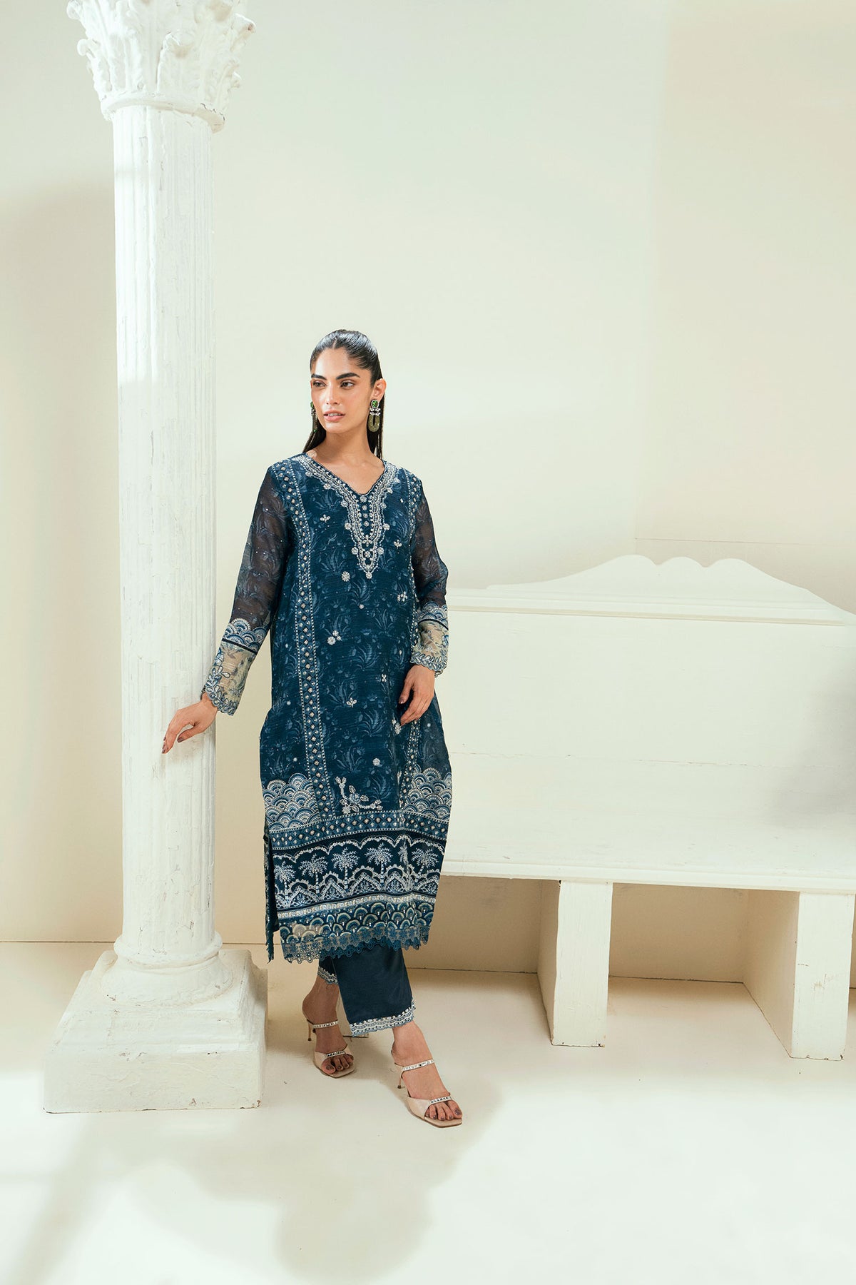 SS25DA-2695   NAVY BLUE  2PCS  EMBROIDERED KURTA WITH TROUSER