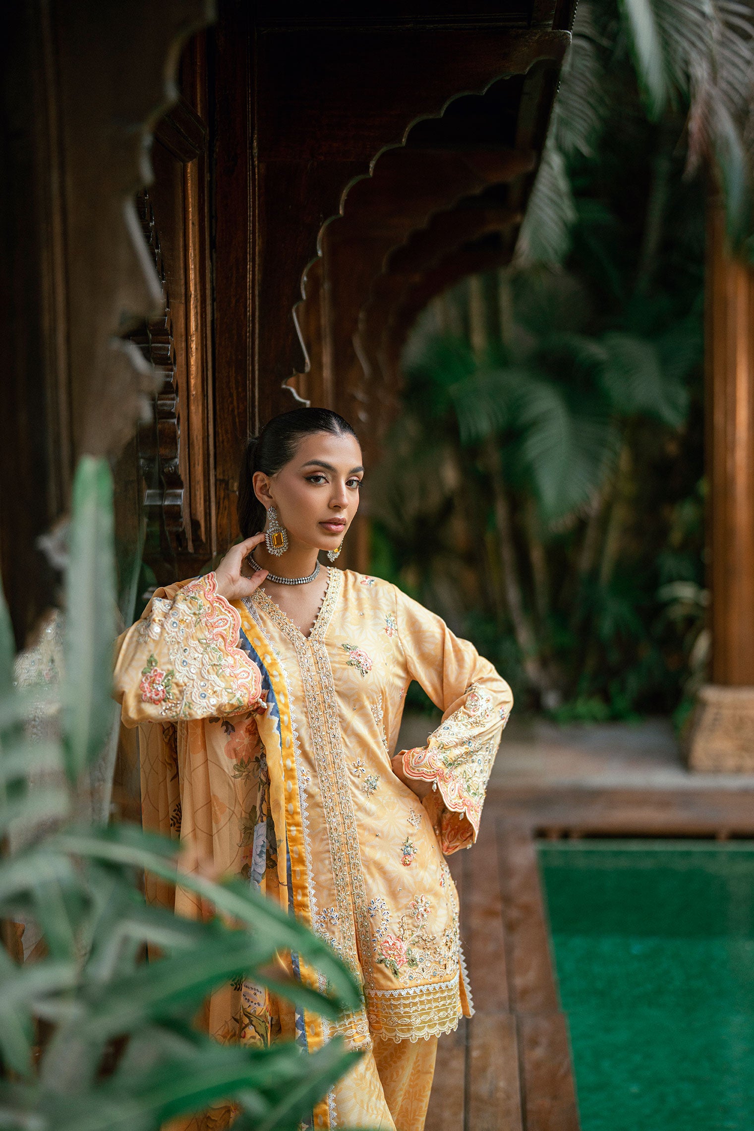 SS25DA-2753 YELLOW 2PCS HAND EMBELLISHED KURTA WITH TROUSER