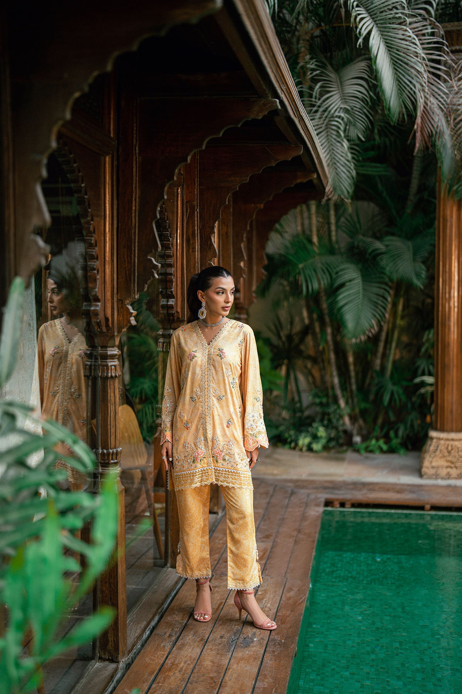 SS25DA-2753 YELLOW 2PCS HAND EMBELLISHED KURTA WITH TROUSER