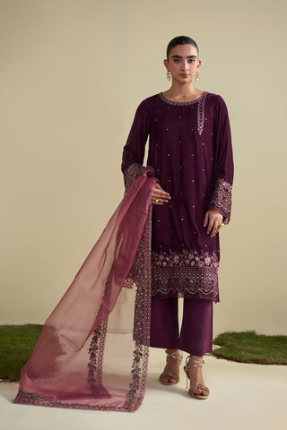 FW25DD-2805  MAGENTA  EMBROIDERED  DUPATTA