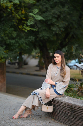 FW25DC-2877 GREY 2PCS  EMBROIDERED KURTA WITH TROUSER