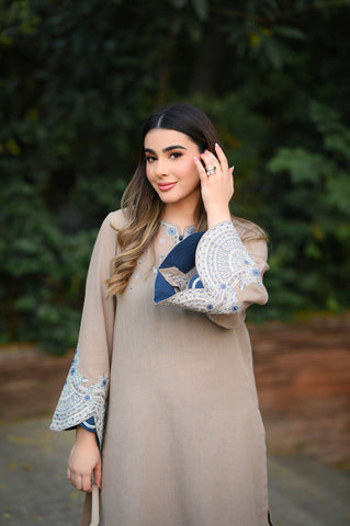 FW25DC-2877 GREY 2PCS  EMBROIDERED KURTA WITH TROUSER