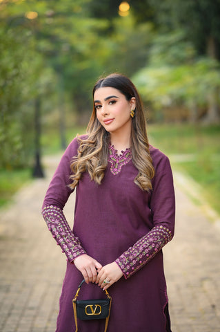 FW25DC-2879 PURPLE 2PCS  EMBROIDERED KURTA WITH TROUSER