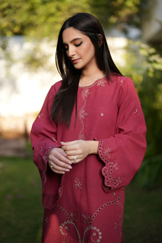 FW25DC-2880 RED 2PCS  EMBROIDERED KURTA WITH TROUSER