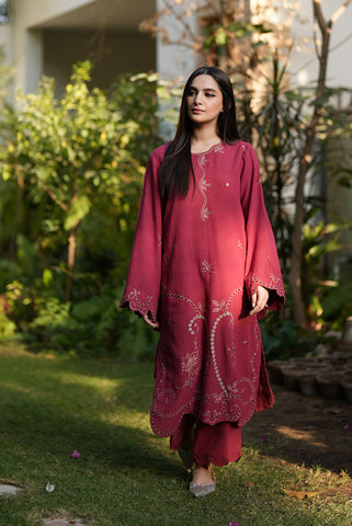 FW25DC-2880 RED 2PCS  EMBROIDERED KURTA WITH TROUSER
