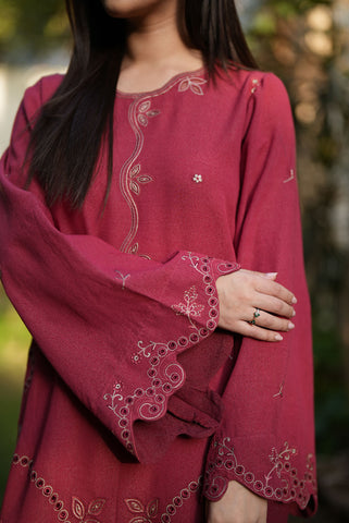 FW25DC-2880 RED 2PCS  EMBROIDERED KURTA WITH TROUSER