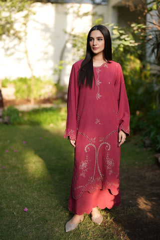 FW25DC-2880 RED 2PCS  EMBROIDERED KURTA WITH TROUSER