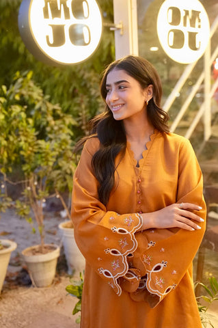 FW25DC-2881 MUSTARD 2PCS  EMBROIDERED KURTA WITH TROUSER