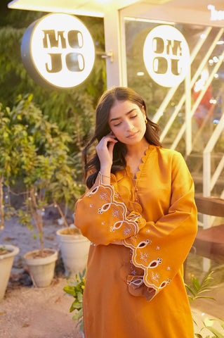 FW25DC-2881 MUSTARD 2PCS  EMBROIDERED KURTA WITH TROUSER