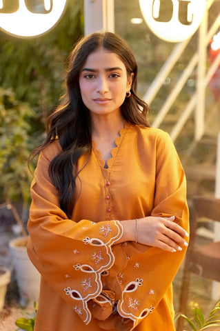 FW25DC-2881 MUSTARD 2PCS  EMBROIDERED KURTA WITH TROUSER