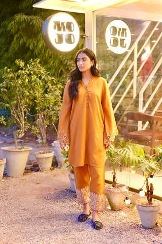 FW25DC-2881 MUSTARD 2PCS  EMBROIDERED KURTA WITH TROUSER