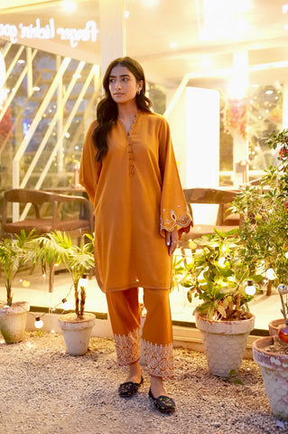 FW25DC-2881 MUSTARD 2PCS  EMBROIDERED KURTA WITH TROUSER