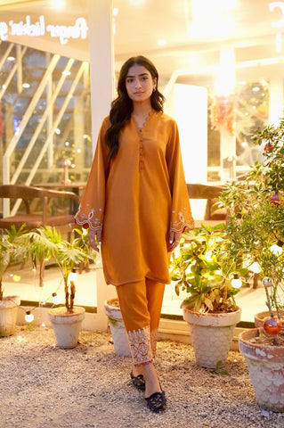 FW25DC-2881 MUSTARD 2PCS  EMBROIDERED KURTA WITH TROUSER