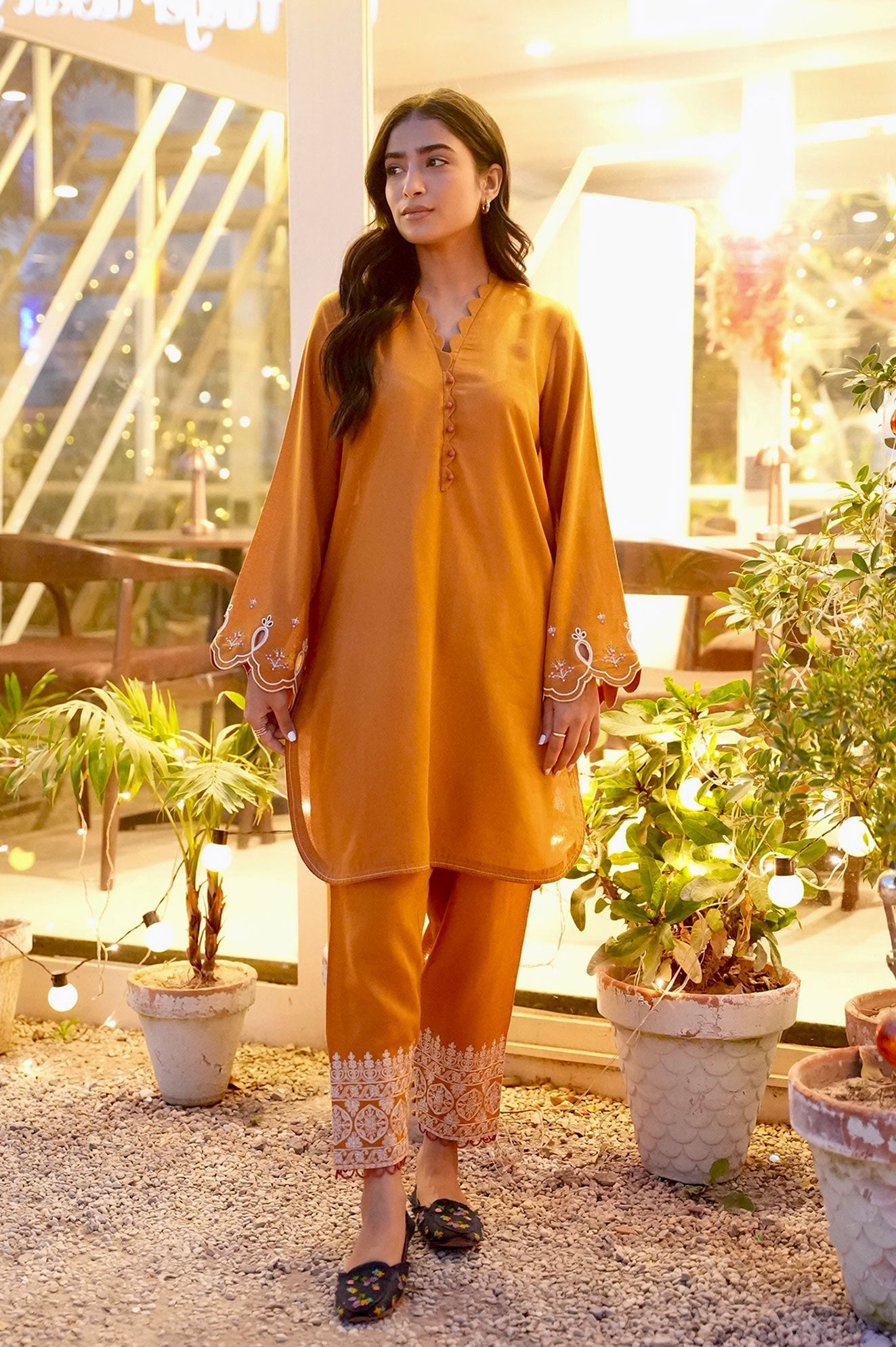 FW25DC-2881 MUSTARD 2PCS  EMBROIDERED KURTA WITH TROUSER