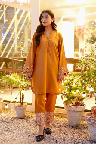 FW25DC-2881 MUSTARD 2PCS  EMBROIDERED KURTA WITH TROUSER