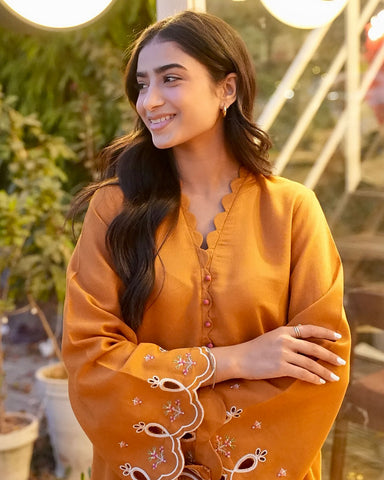 FW25DC-2881 MUSTARD 2PCS  EMBROIDERED KURTA WITH TROUSER