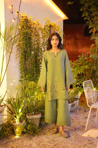 FW25DC-2882 GREEN 2PCS  EMBROIDERED KURTA WITH TROUSER