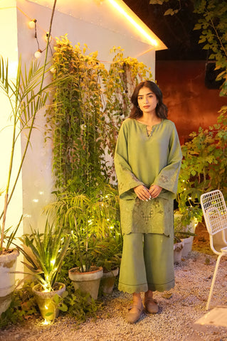 FW25DC-2882 GREEN 2PCS  EMBROIDERED KURTA WITH TROUSER