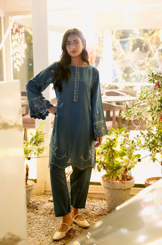 FW25DC-2884 TURQUOISE BLUE 2PCS  EMBROIDERED KURTA WITH TROUSER