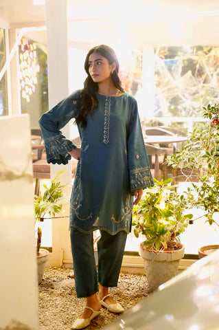 FW25DC-2884 TURQUOISE BLUE 2PCS  EMBROIDERED KURTA WITH TROUSER