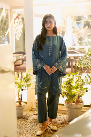 FW25DC-2884 TURQUOISE BLUE 2PCS  EMBROIDERED KURTA WITH TROUSER