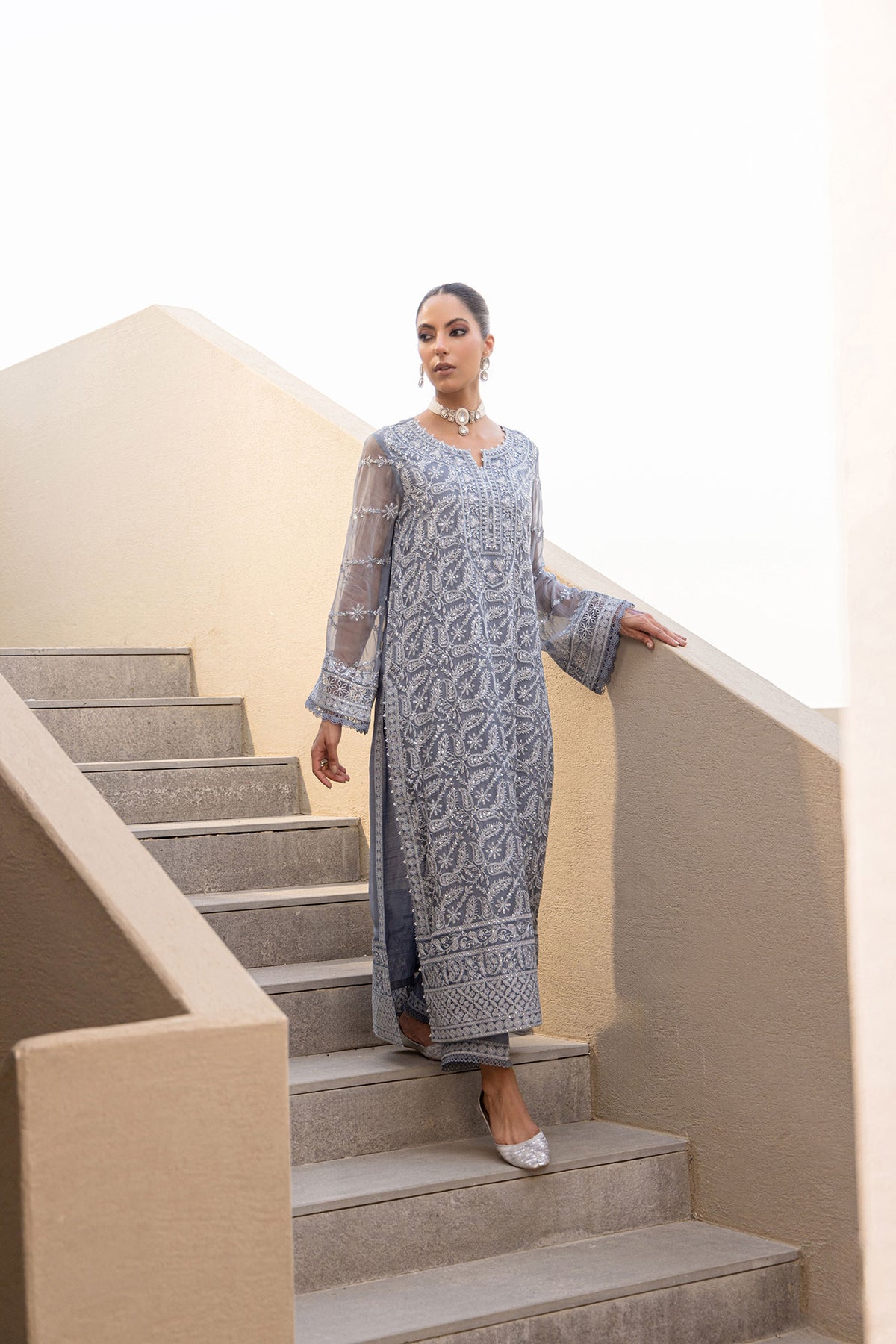 Freya: FW24DA-2651 GREY 2PCS EMBROIDERED KURTA WITH TROUSER