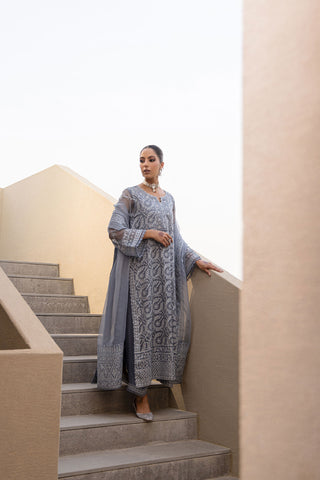 Freya: FW24DA-2651 GREY 2PCS EMBROIDERED KURTA WITH TROUSER