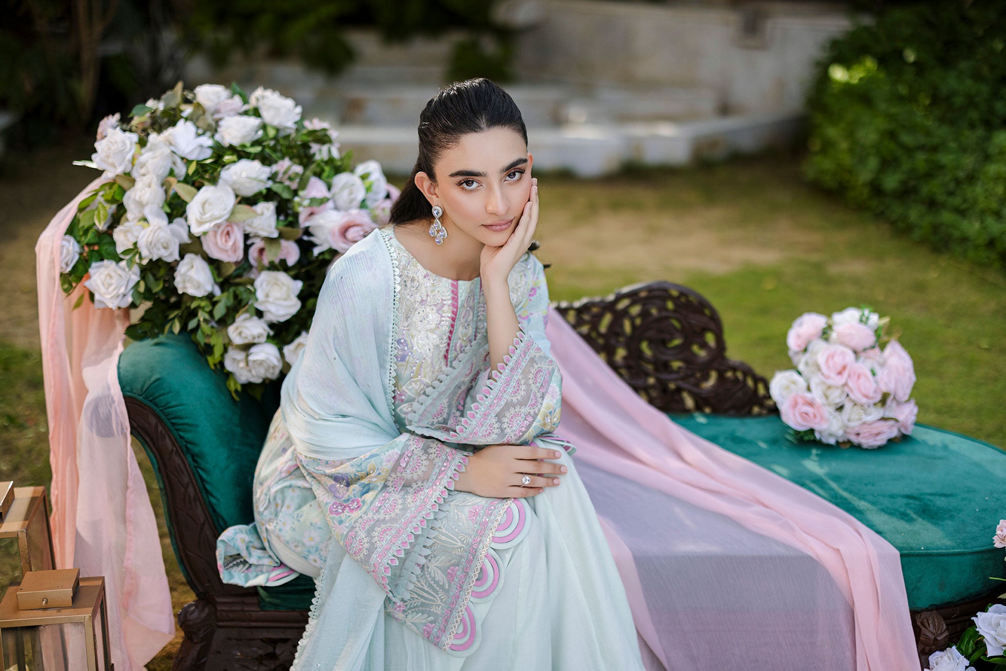 Silk Tunic - 2PCS HAND EMBELLISHED  SHIRT WITH TROUSER-FW25DA-2871 L-GREEN