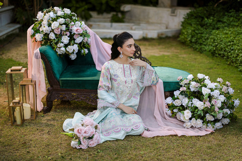 Silk Tunic - 2PCS HAND EMBELLISHED  SHIRT WITH TROUSER-FW25DA-2871 L-GREEN