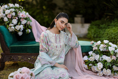 Silk Tunic - 2PCS HAND EMBELLISHED  SHIRT WITH TROUSER-FW25DA-2871 L-GREEN