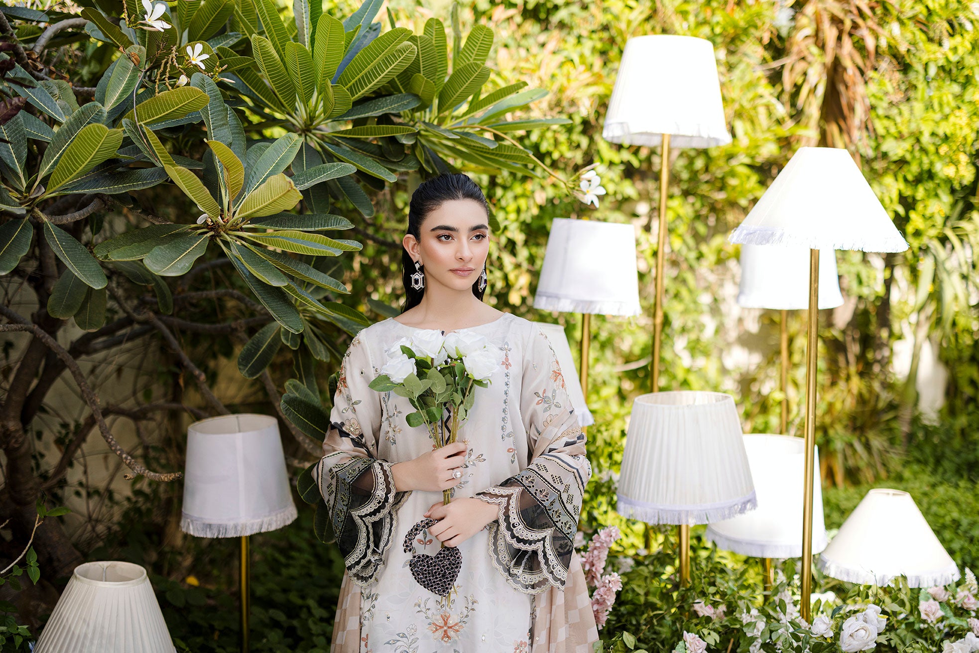 Silk Tunic - 2PCS HAND EMBELLISHED  SHIRT WITH TROUSER-FW25DA-2874 BEIGE