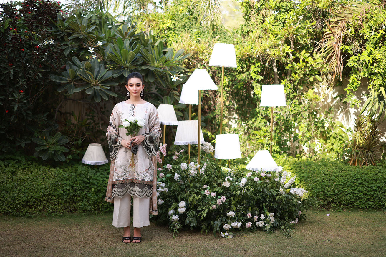 Silk Tunic - 2PCS HAND EMBELLISHED  SHIRT WITH TROUSER-FW25DA-2874 BEIGE