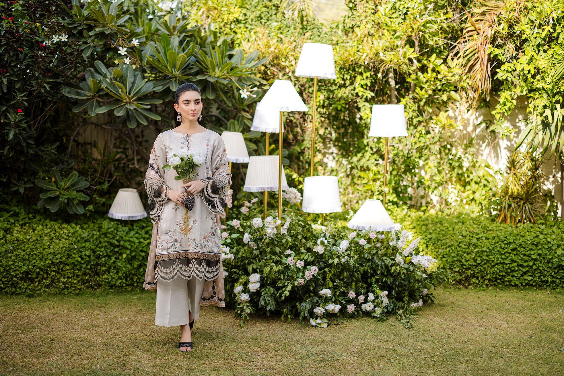 Silk Tunic - 2PCS HAND EMBELLISHED  SHIRT WITH TROUSER-FW25DA-2874 BEIGE