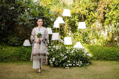 Silk Tunic - 2PCS HAND EMBELLISHED  SHIRT WITH TROUSER-FW25DA-2874 BEIGE