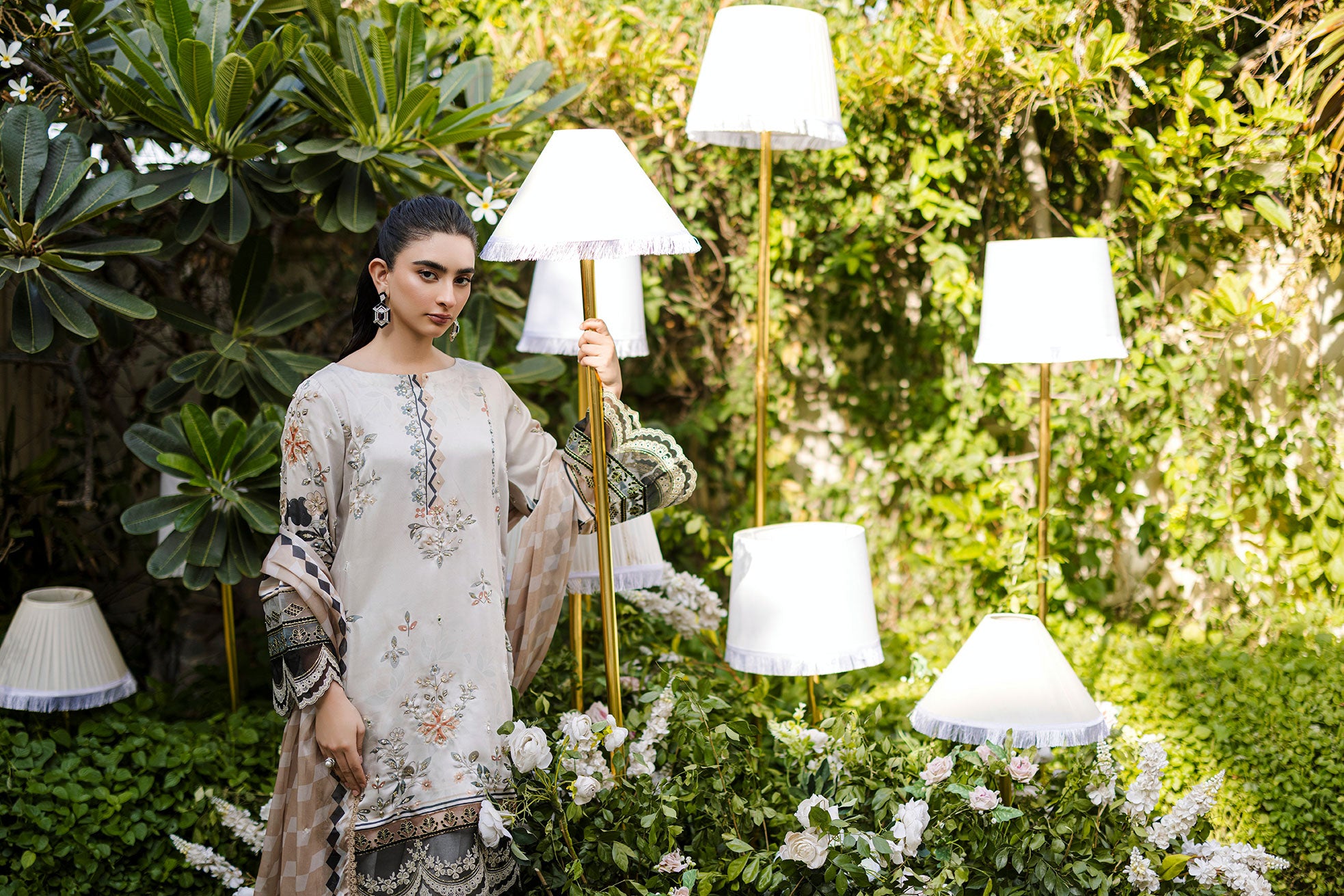 Silk Tunic - 2PCS HAND EMBELLISHED  SHIRT WITH TROUSER-FW25DA-2874 BEIGE